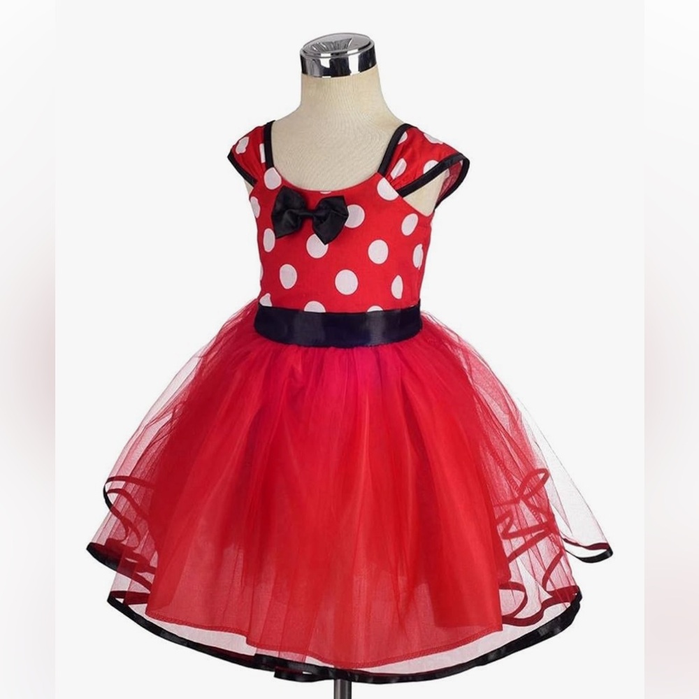 Red Polka Dot Tulle Party Dress with Black Trim